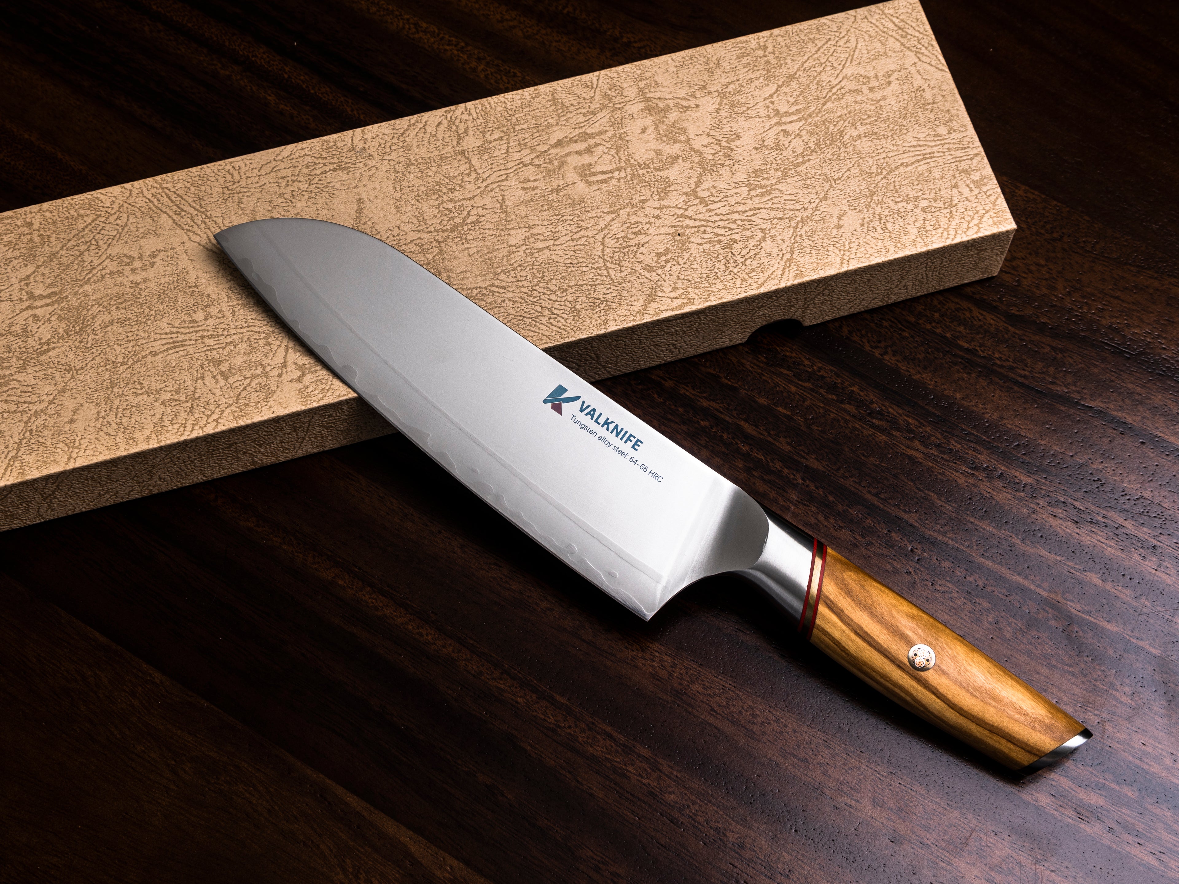 VALKNIFE 7.3" Tungsten Alloy Powder Steel Chef's Knife — Mirror Polished Blade, Olive Wood Handle, 64-66 HRC