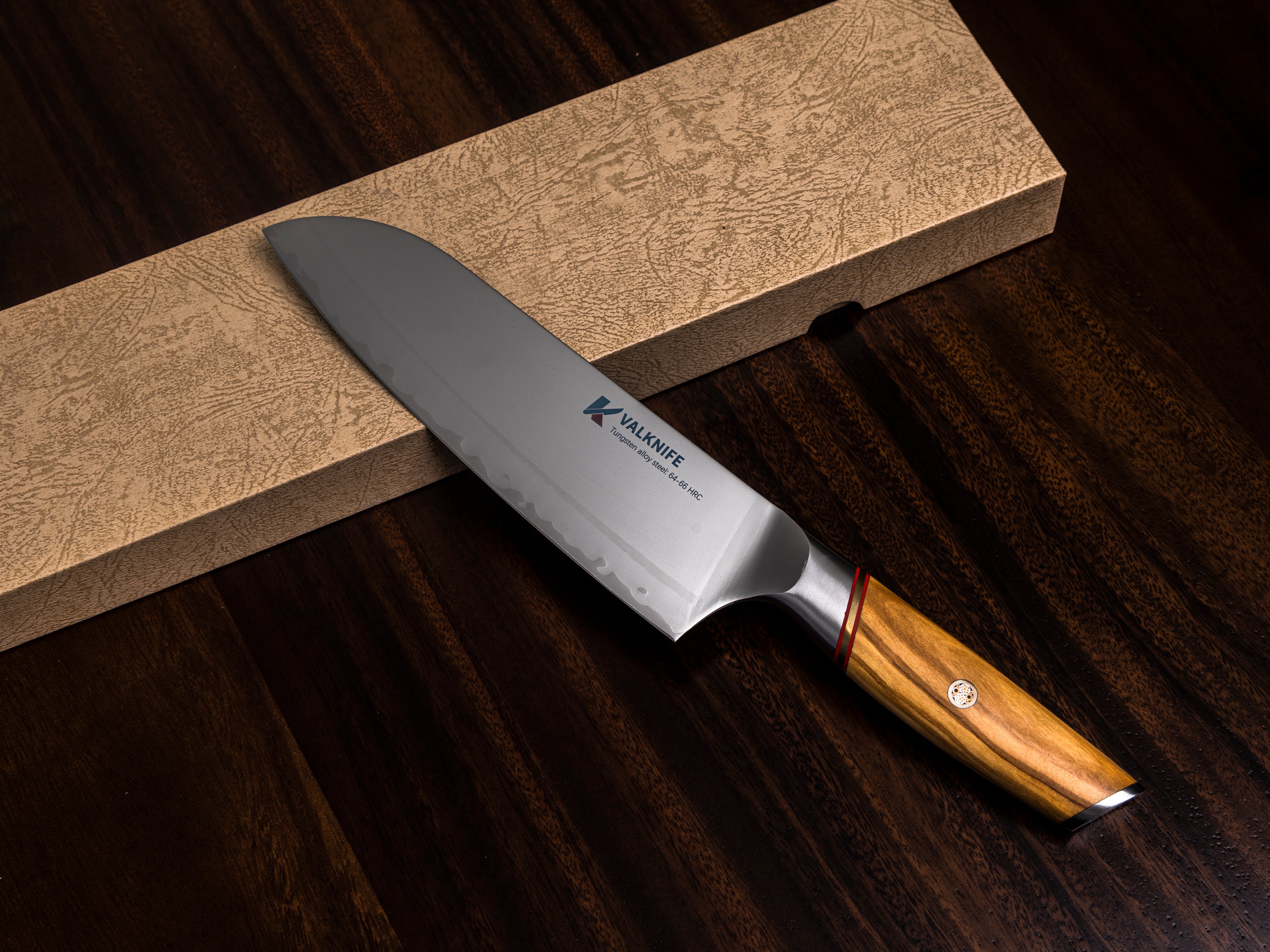VALKNIFE 7.3" Tungsten Alloy Powder Steel Chef's Knife — Mirror Polished Blade, Olive Wood Handle, 64-66 HRC