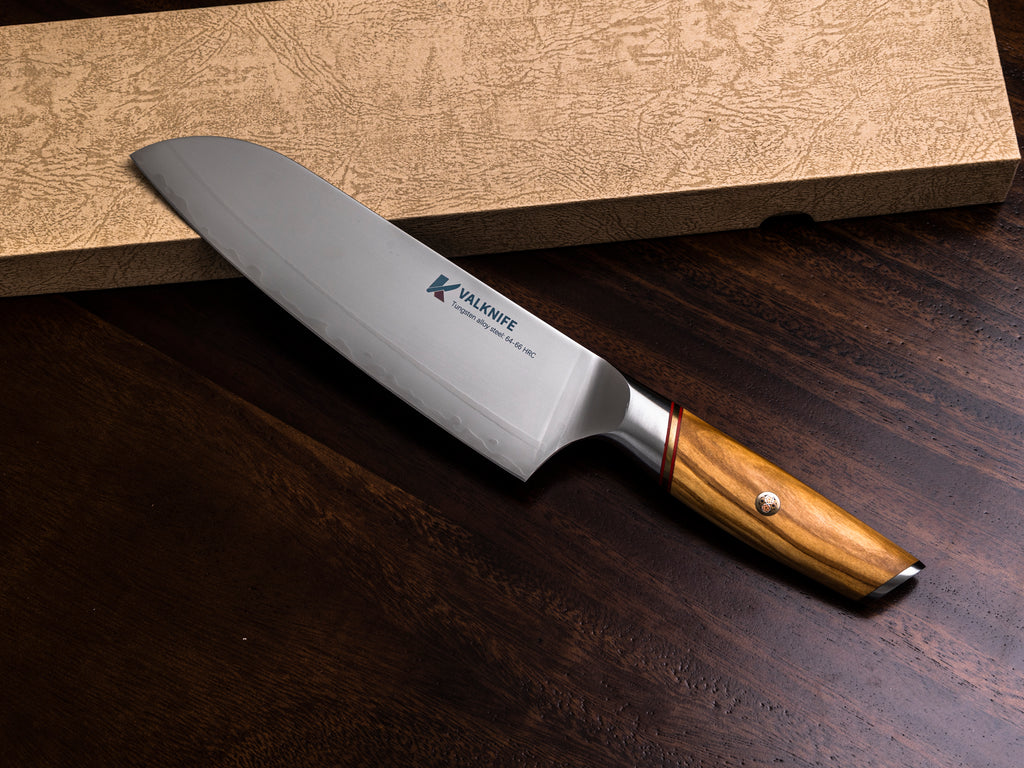 VALKNIFE 7.3" Tungsten Alloy Powder Steel Chef's Knife — Mirror Polished Blade, Olive Wood Handle, 64-66 HRC