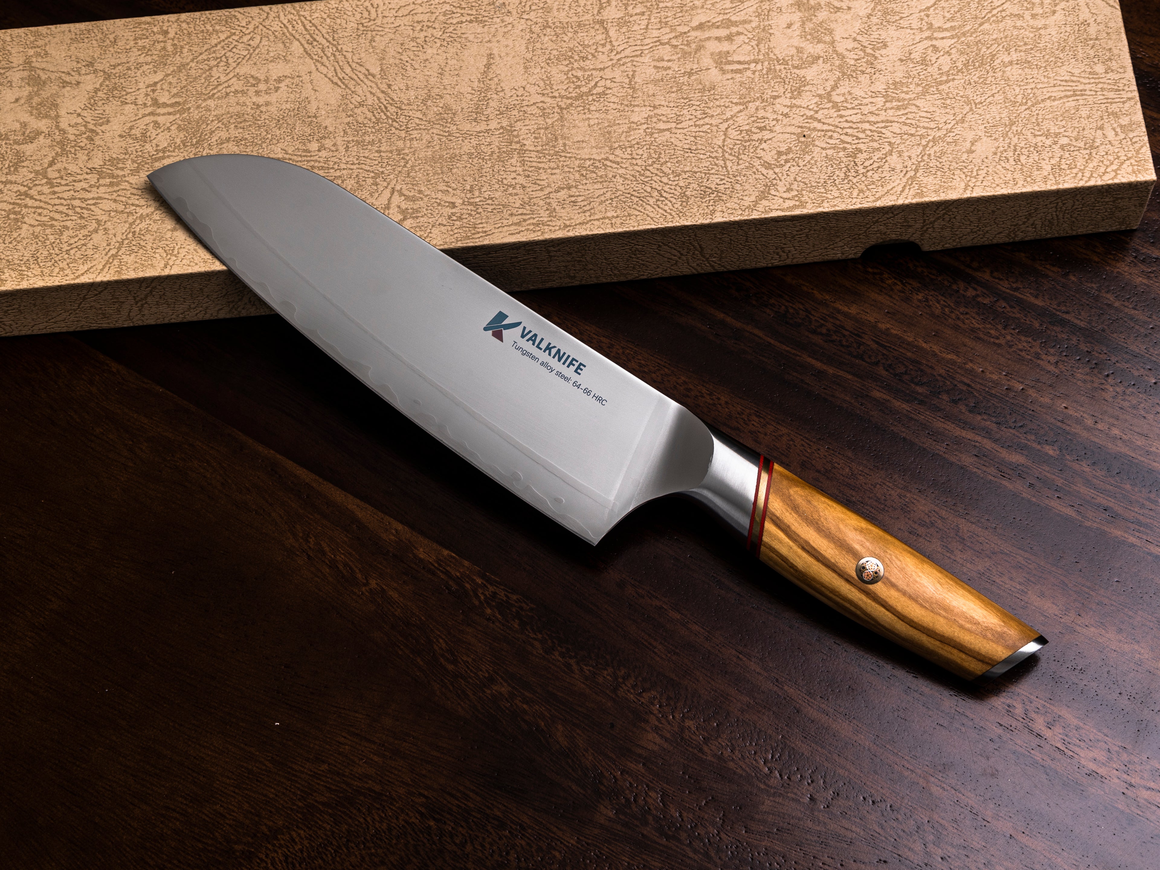 VALKNIFE 7.3" Tungsten Alloy Powder Steel Chef's Knife — Mirror Polished Blade, Olive Wood Handle, 64-66 HRC