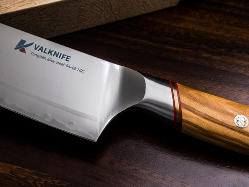 VALKNIFE 7.3" Tungsten Alloy Powder Steel Chef's Knife — Mirror Polished Blade, Olive Wood Handle, 64-66 HRC