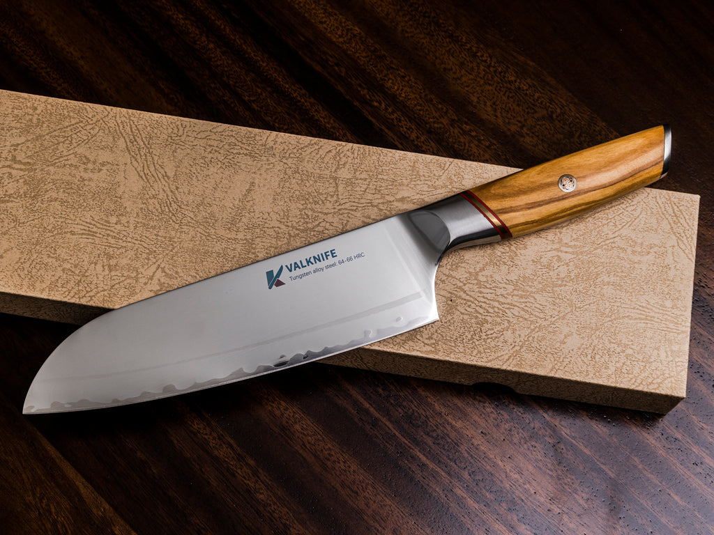 VALKNIFE 7.3" Tungsten Alloy Powder Steel Chef's Knife — Mirror Polished Blade, Olive Wood Handle, 64-66 HRC