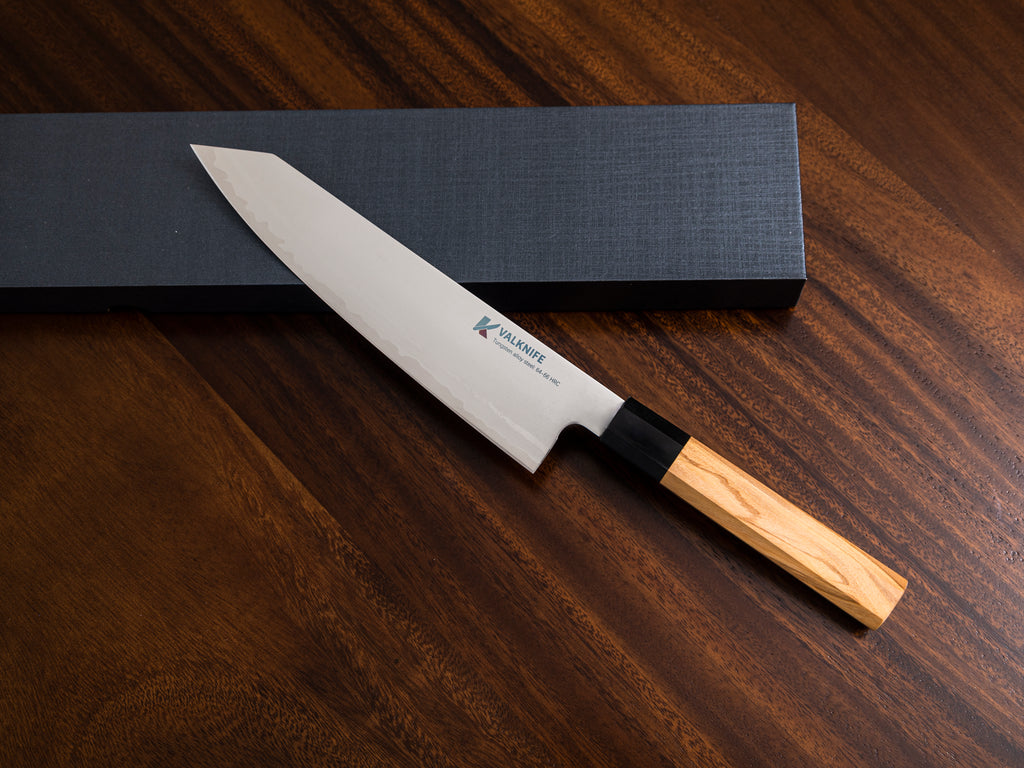 VALKNIFE 8.3" Tungsten Alloy Powder Steel Kiritsuke Chef's Knife — Mirror Polished Blade, Octagonal Olive Wood Handle, 64-66 HRC