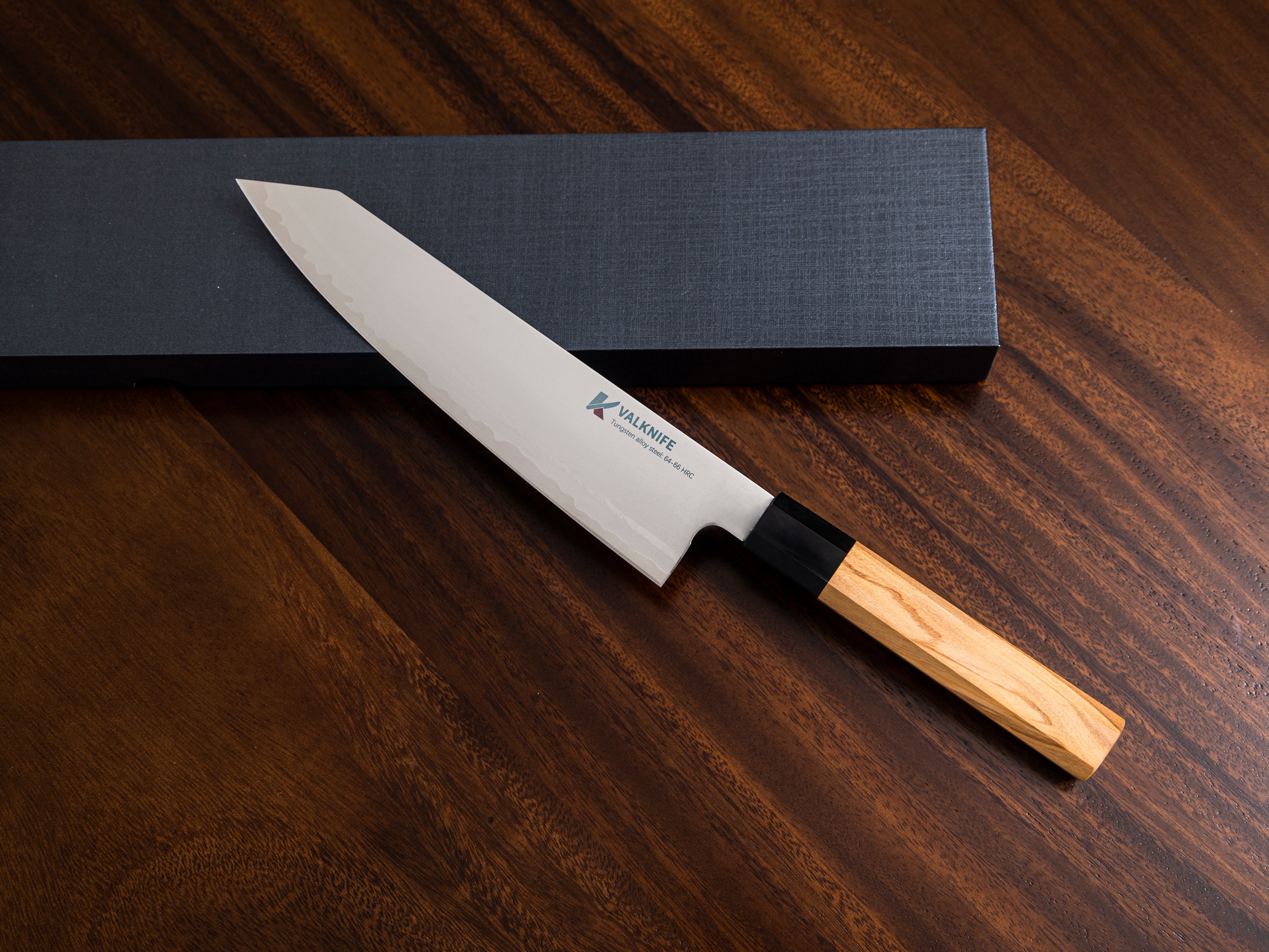 VALKNIFE 8.3" Tungsten Alloy Powder Steel Kiritsuke Chef's Knife — Mirror Polished Blade, Octagonal Olive Wood Handle, 64-66 HRC