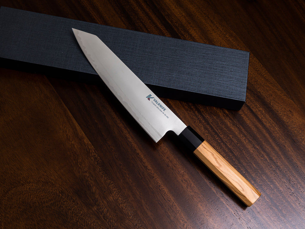 VALKNIFE 8.3" Tungsten Alloy Powder Steel Kiritsuke Chef's Knife — Mirror Polished Blade, Octagonal Olive Wood Handle, 64-66 HRC