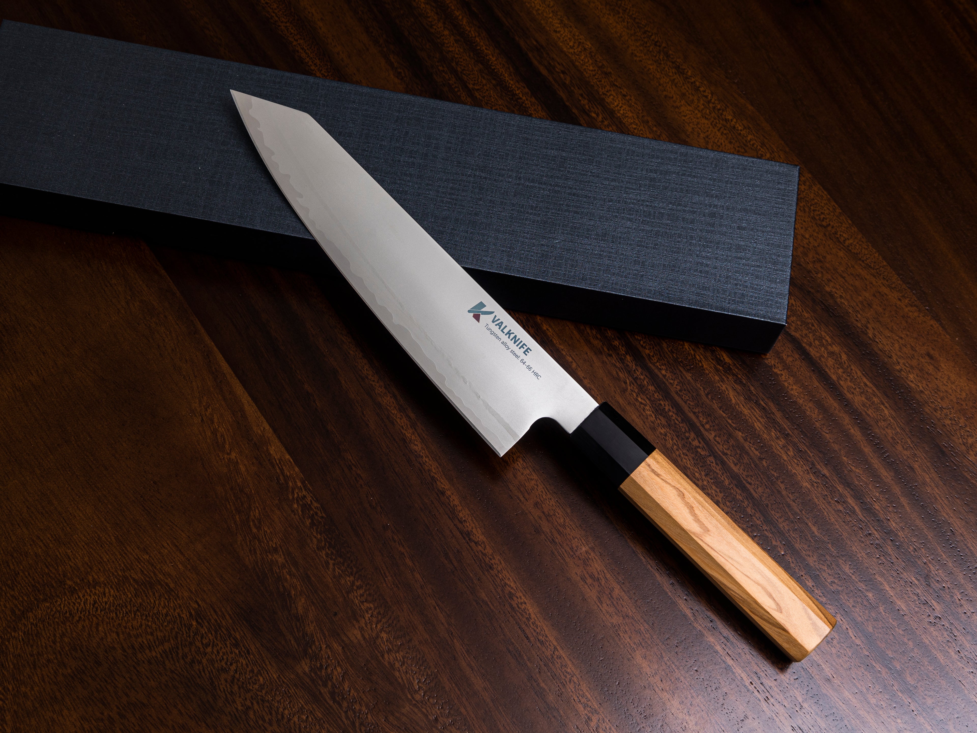 VALKNIFE 8.3" Tungsten Alloy Powder Steel Kiritsuke Chef's Knife — Mirror Polished Blade, Octagonal Olive Wood Handle, 64-66 HRC