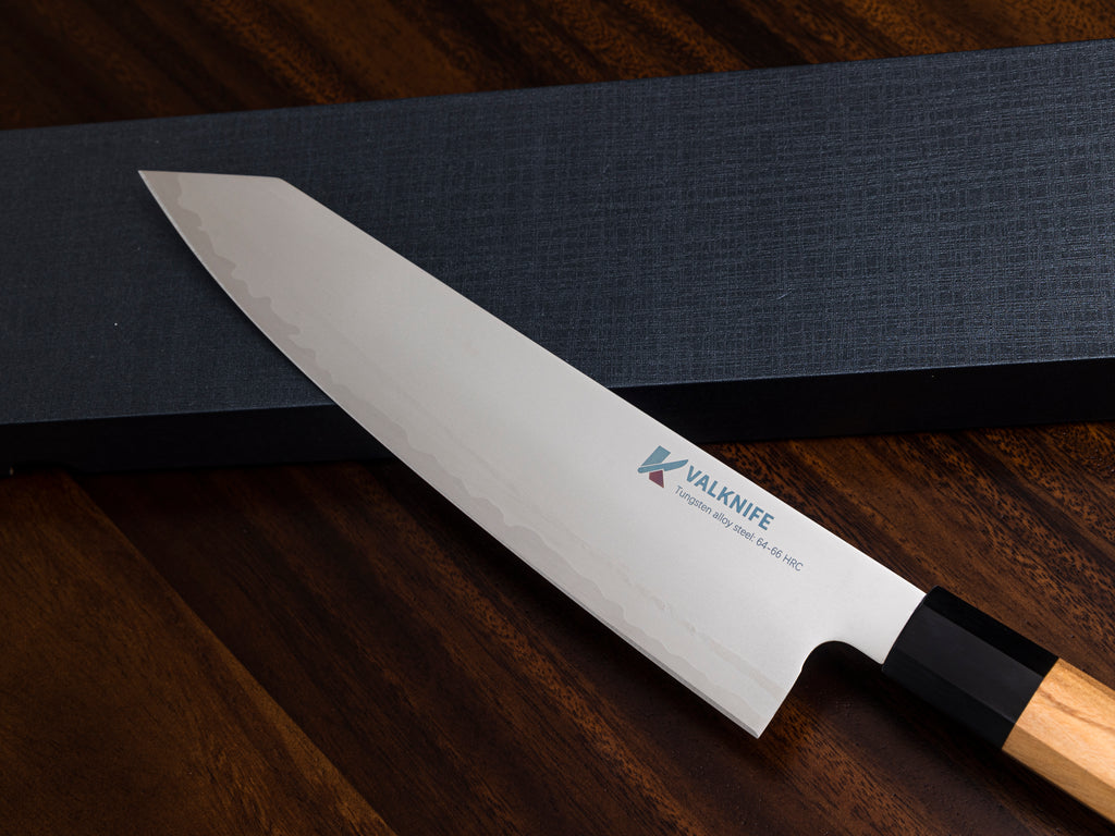 VALKNIFE 8.3" Tungsten Alloy Powder Steel Kiritsuke Chef's Knife — Mirror Polished Blade, Octagonal Olive Wood Handle, 64-66 HRC