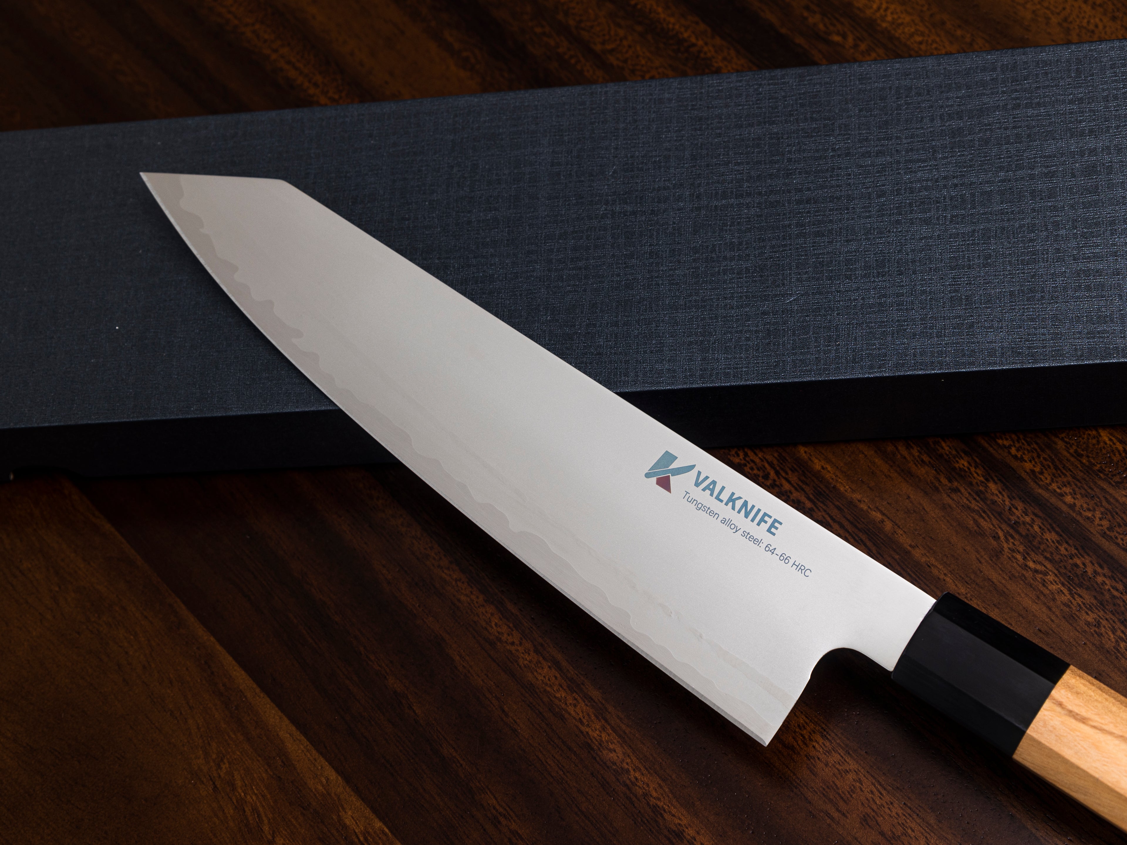 VALKNIFE 8.3" Tungsten Alloy Powder Steel Kiritsuke Chef's Knife — Mirror Polished Blade, Octagonal Olive Wood Handle, 64-66 HRC