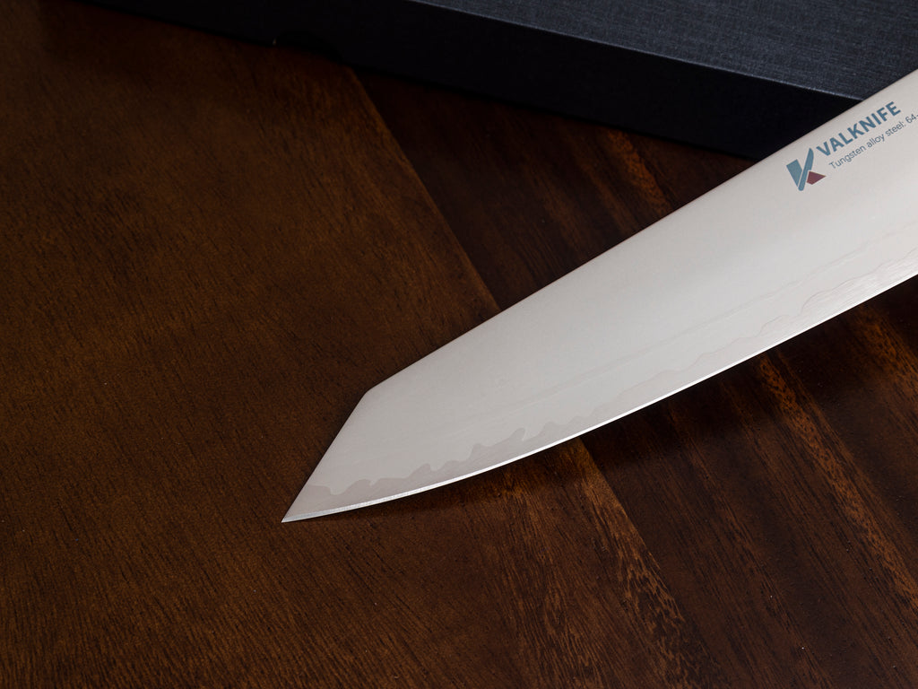 VALKNIFE 8.3" Tungsten Alloy Powder Steel Kiritsuke Chef's Knife — Mirror Polished Blade, Octagonal Olive Wood Handle, 64-66 HRC