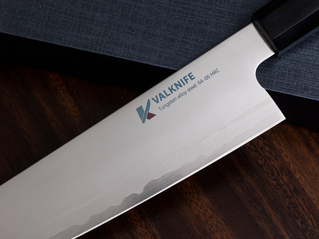 VALKNIFE 8.3" Tungsten Alloy Powder Steel Kiritsuke Chef's Knife — Mirror Polished Blade, Octagonal Olive Wood Handle, 64-66 HRC