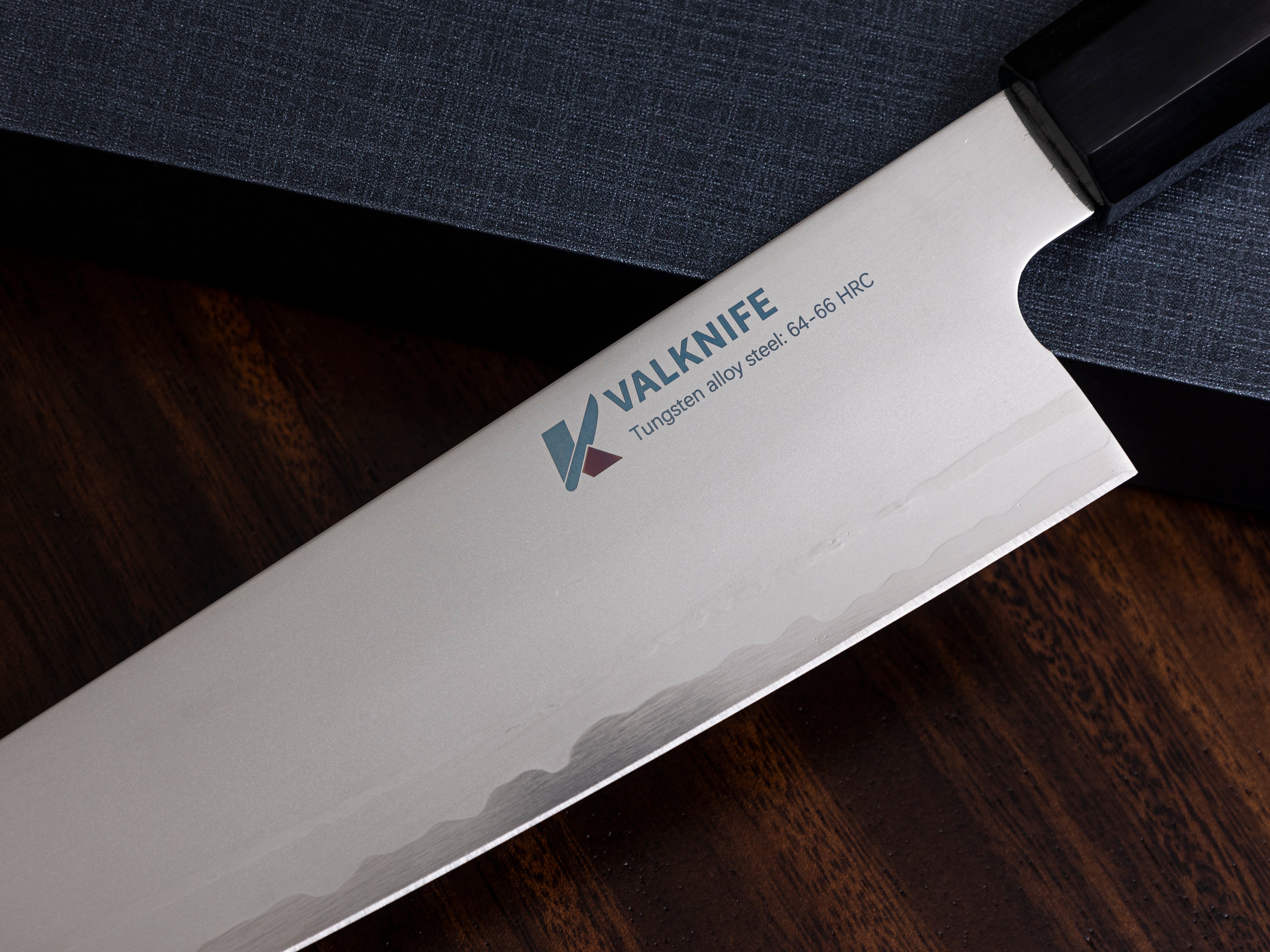 VALKNIFE 8.3" Tungsten Alloy Powder Steel Kiritsuke Chef's Knife — Mirror Polished Blade, Octagonal Olive Wood Handle, 64-66 HRC