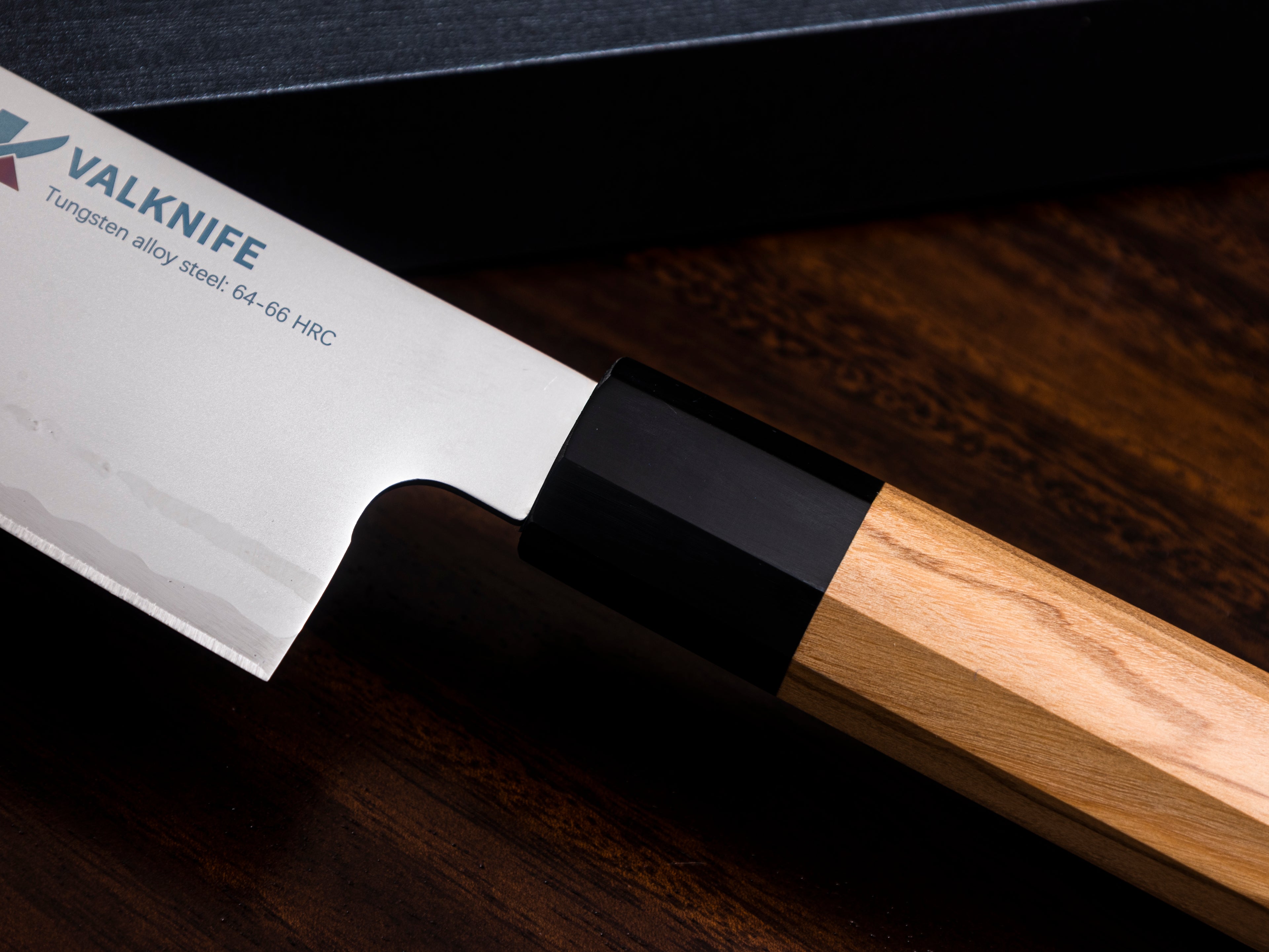 VALKNIFE 8.3" Tungsten Alloy Powder Steel Kiritsuke Chef's Knife — Mirror Polished Blade, Octagonal Olive Wood Handle, 64-66 HRC
