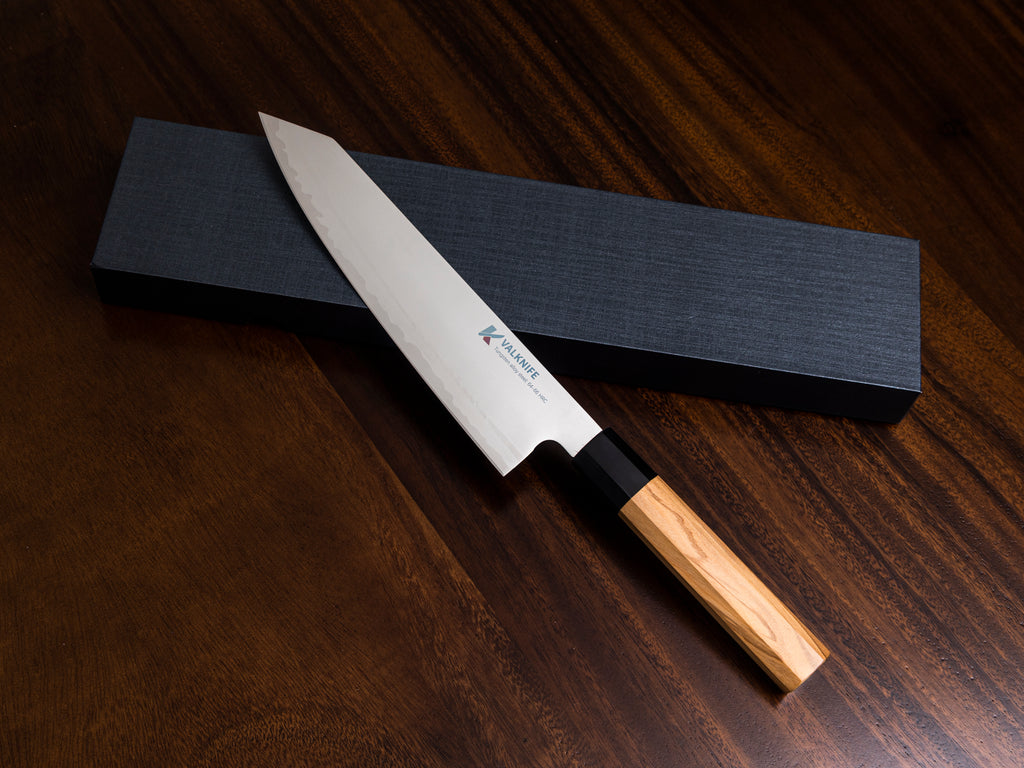 VALKNIFE 8.3" Tungsten Alloy Powder Steel Kiritsuke Chef's Knife — Mirror Polished Blade, Octagonal Olive Wood Handle, 64-66 HRC