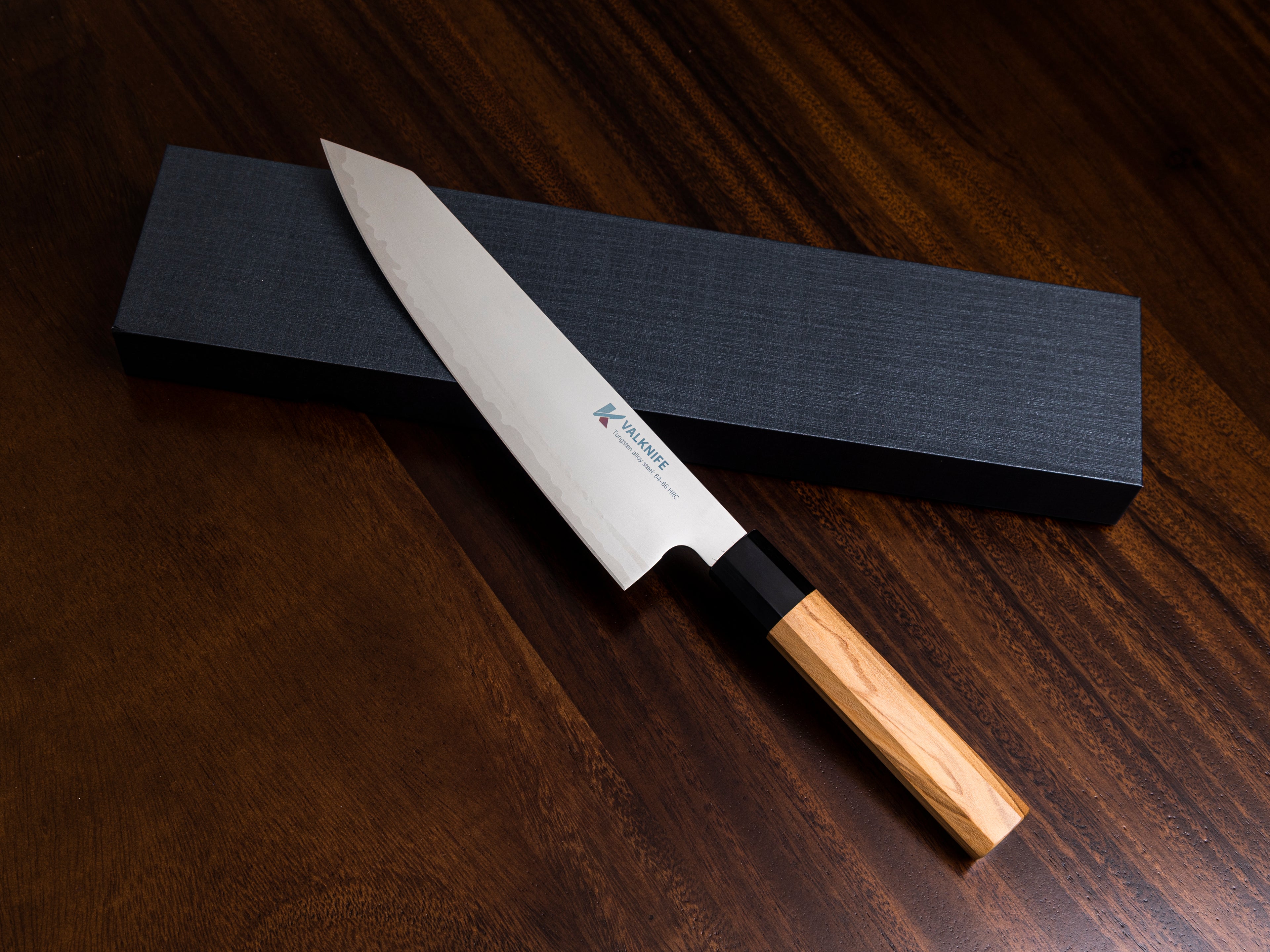 VALKNIFE 8.3" Tungsten Alloy Powder Steel Kiritsuke Chef's Knife — Mirror Polished Blade, Octagonal Olive Wood Handle, 64-66 HRC