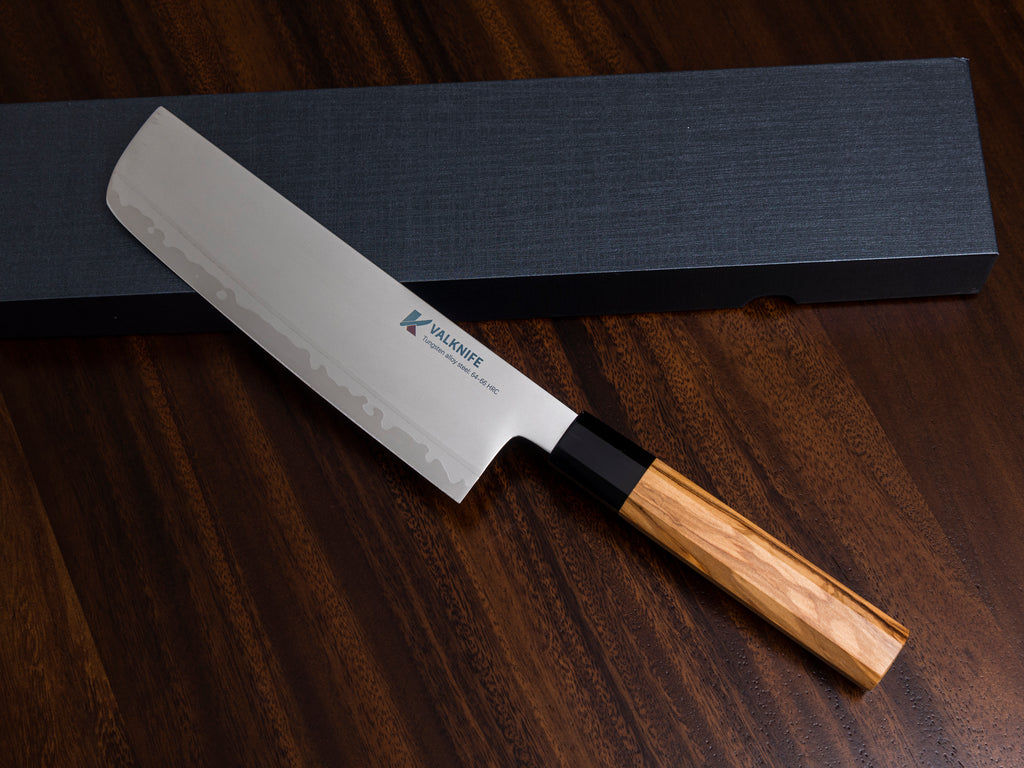 VALKNIFE 7.3" Tungsten Alloy Powder Steel Nakiri Vegetable Knife — Mirror Polished Blade, Octagonal Olive Wood Handle, 64-66 HRC