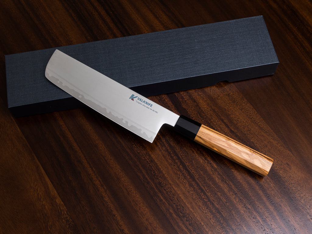 VALKNIFE 7.3" Tungsten Alloy Powder Steel Nakiri Vegetable Knife — Mirror Polished Blade, Octagonal Olive Wood Handle, 64-66 HRC