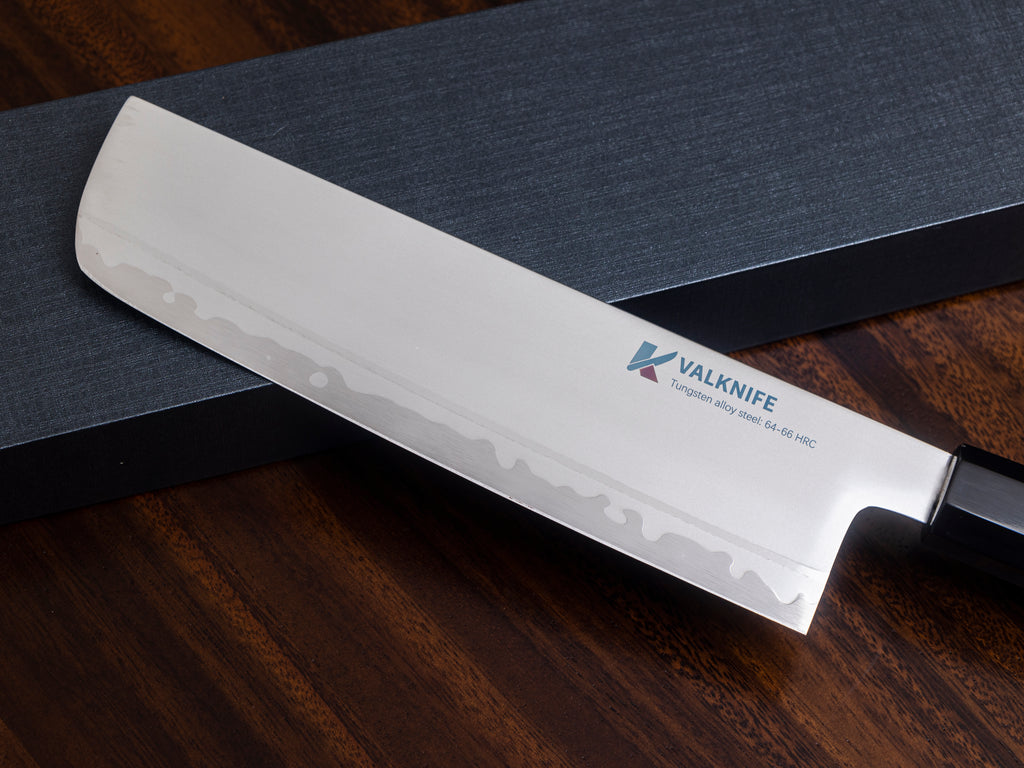 VALKNIFE 7.3" Tungsten Alloy Powder Steel Nakiri Vegetable Knife — Mirror Polished Blade, Octagonal Olive Wood Handle, 64-66 HRC