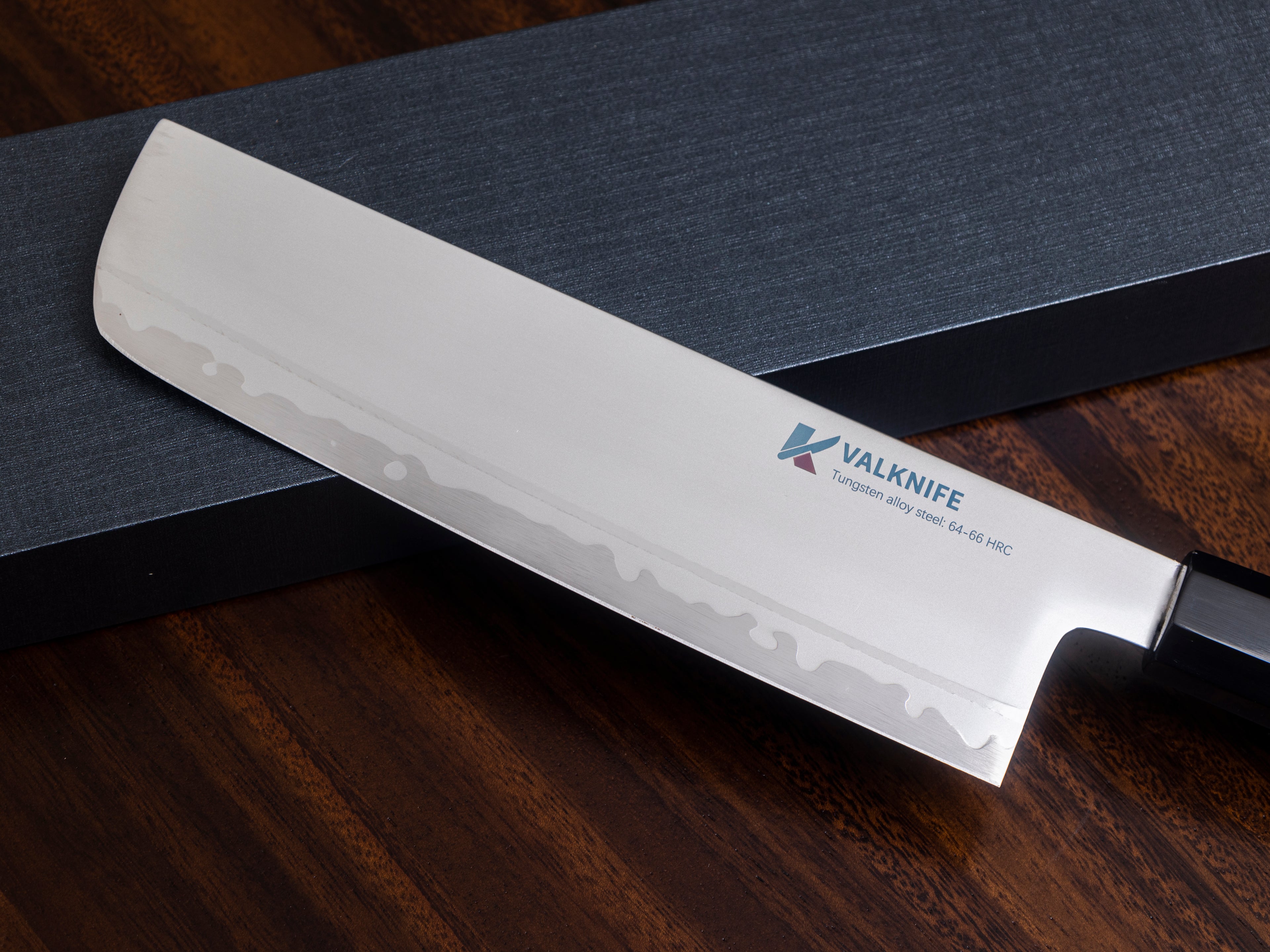 VALKNIFE 7.3" Tungsten Alloy Powder Steel Nakiri Vegetable Knife — Mirror Polished Blade, Octagonal Olive Wood Handle, 64-66 HRC