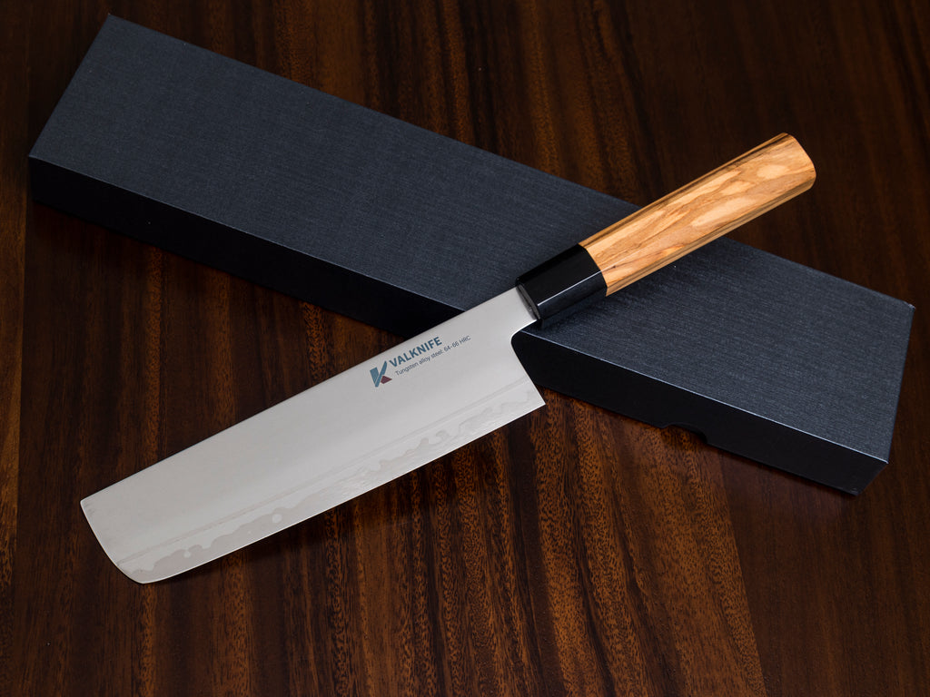 VALKNIFE 7.3" Tungsten Alloy Powder Steel Nakiri Vegetable Knife — Mirror Polished Blade, Octagonal Olive Wood Handle, 64-66 HRC
