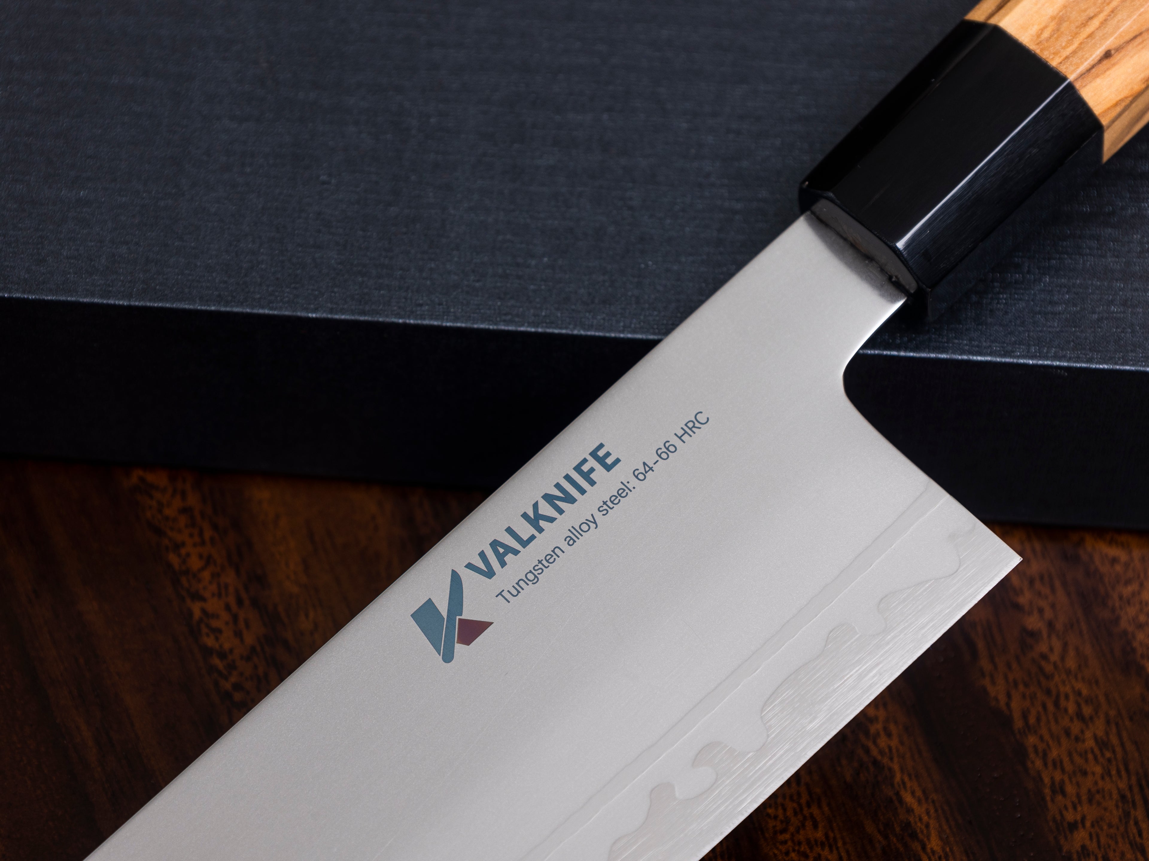 VALKNIFE 7.3" Tungsten Alloy Powder Steel Nakiri Vegetable Knife — Mirror Polished Blade, Octagonal Olive Wood Handle, 64-66 HRC