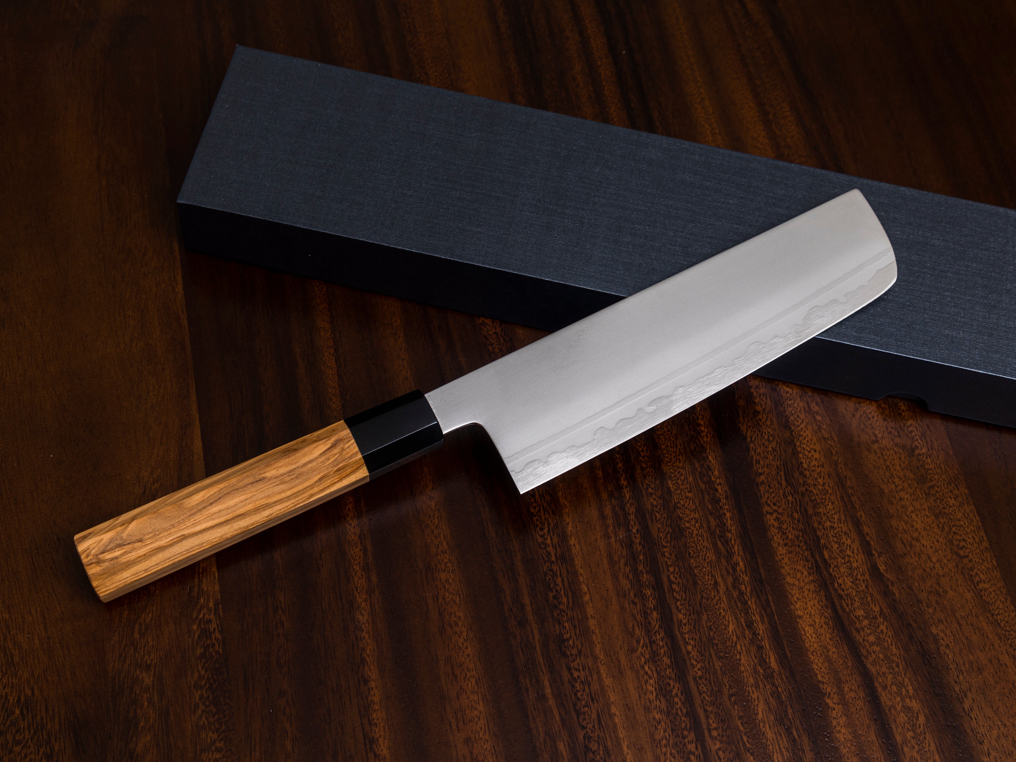 VALKNIFE 7.3" Tungsten Alloy Powder Steel Nakiri Vegetable Knife — Mirror Polished Blade, Octagonal Olive Wood Handle, 64-66 HRC