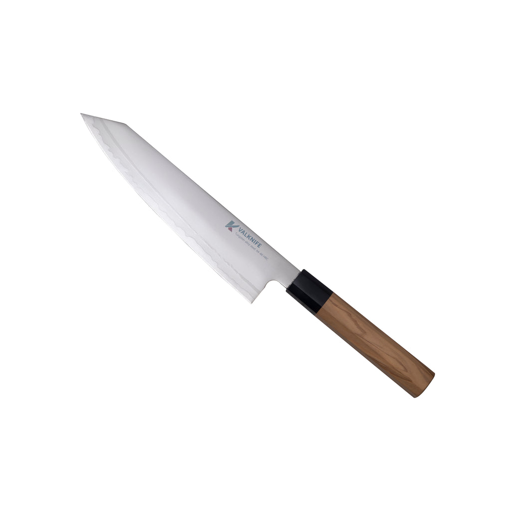 VALKNIFE 8.3" Tungsten Alloy Powder Steel Kiritsuke Chef's Knife — Mirror Polished Blade, Octagonal Olive Wood Handle, 64-66 HRC